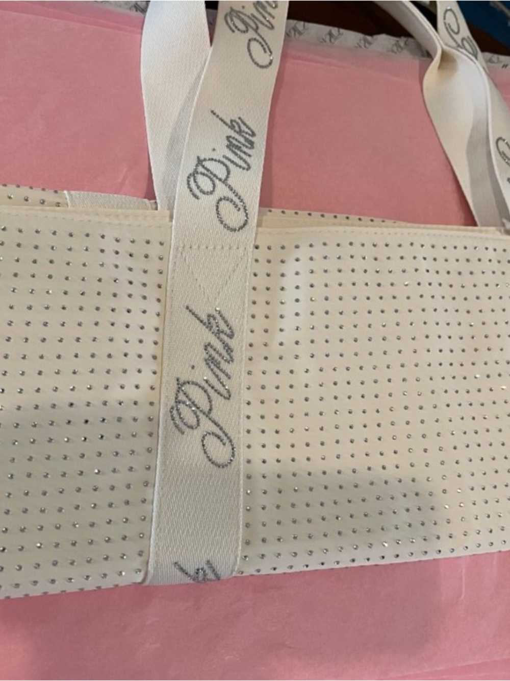 VS Bling rhinestone  Ivory Tote Bag with Branded Straps. NWT - Picture 4 of 9